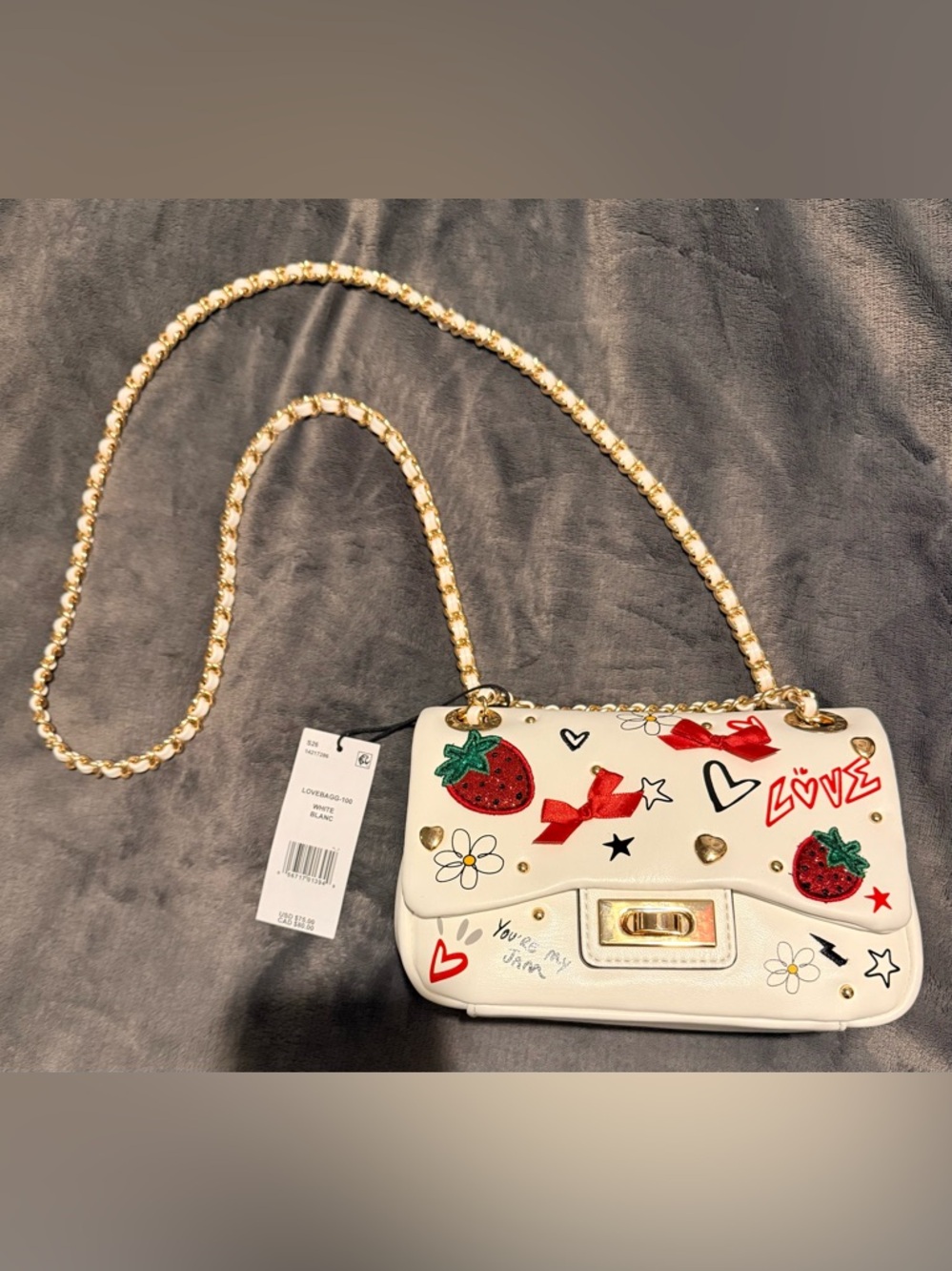 Aldo White Crossbody Bag with Red Strawberry & Gold Chain